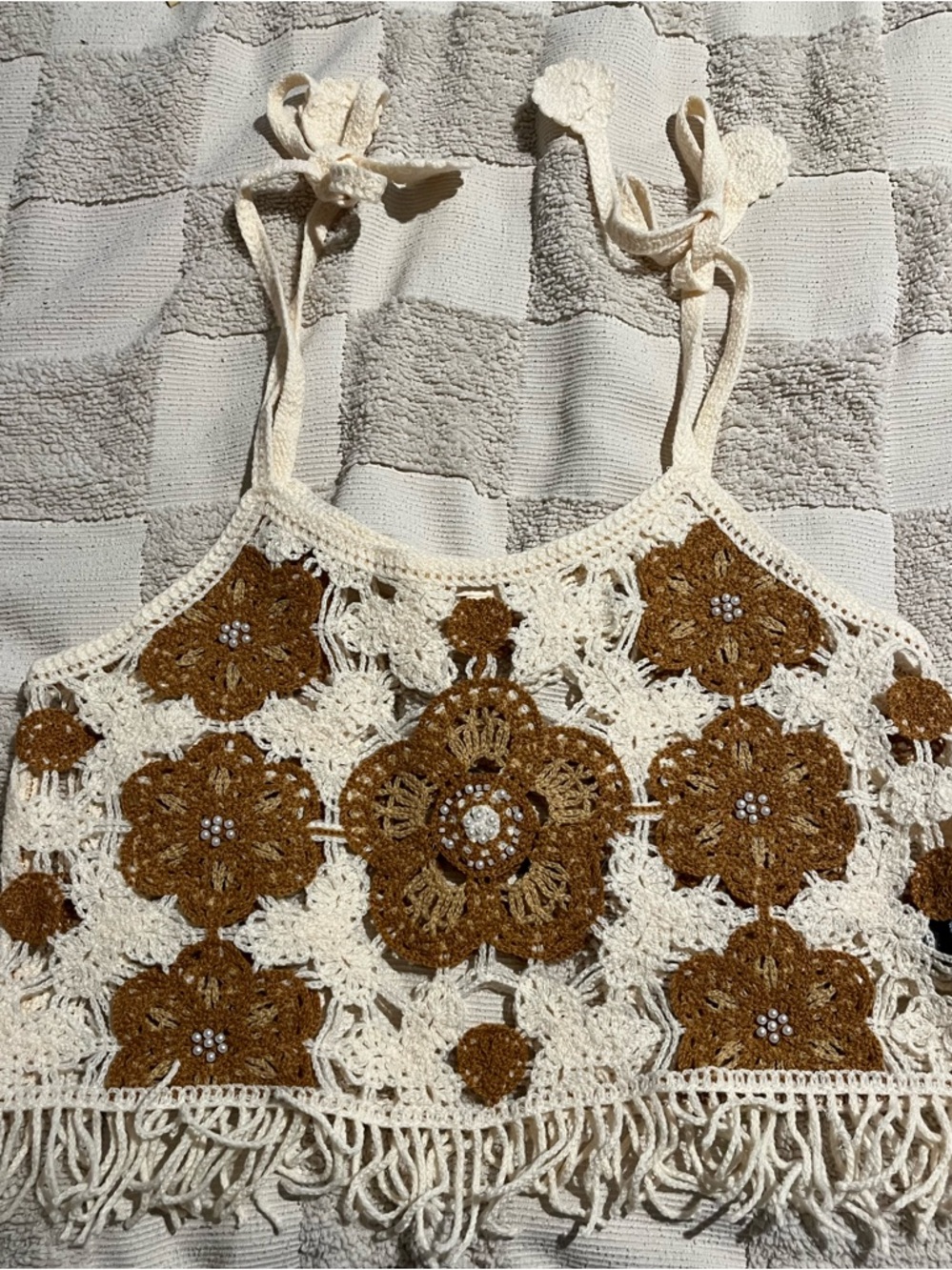 POL Crochet Floral Crop Top in Cream and Brown